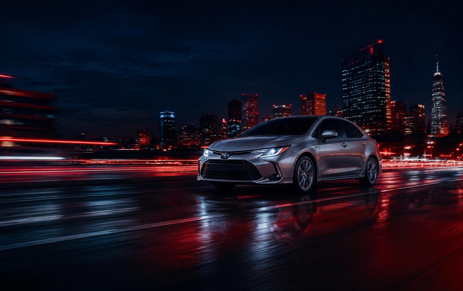 Sedan driving through the city at night